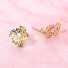 Pearl Accent Textured Metal Petal Floral Clip On Earrings