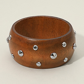 Metal Stud Embellished Wide Wooden Bangle Bracelet