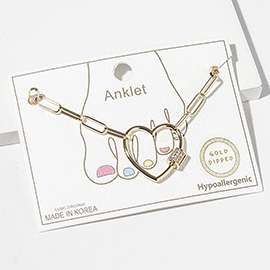 Gold Dipped Cz Stone Paved Open Heart Carabiner Paperclip Chain Link Anklet