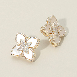 14K Gold Plated CZ Stone Paved Center Mother of Pearl Floral Clover Stud Earrings