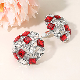 Square Stone Cluster Embellished Dome Evening Clip On Earrings
