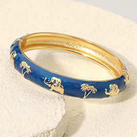 Elephant and Tree Embossed Enamel Hinged Bangle Bracelet