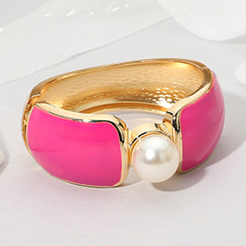 Bold Central Pearl Accent Wide Enamel Hinged Bangle Bracelet