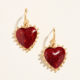 Metal Bead Rim Glitter Heart Dangle Earrings