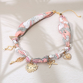 Metal Heart Bow Pearl Quatrefoil Key Charm Station Fabric Scarf Necklace