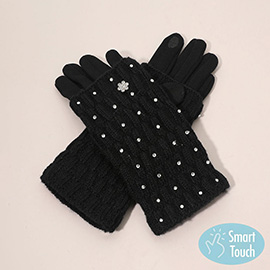 Floral Rhinestone Point Smart Touch Knit Winter Gloves