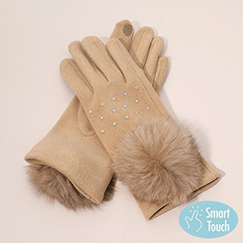 Faux Fur Cuff Pom Rhinestone Embellished Smart Touch Winter Gloves