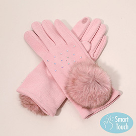 Faux Fur Cuff Pom Rhinestone Embellished Smart Touch Winter Gloves
