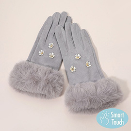 Rhinestone Flower Embellished Faux Fur Cuff Smart Touch Winter Gloves