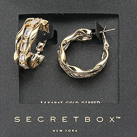 SECRET BOX_14K Gold Dipped Baguette Stone Embellished Twisted Hoop Earrings
