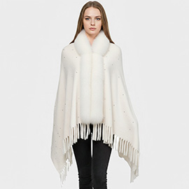Rhinestone Embellished Fringe Faux Fur Poncho Wrap