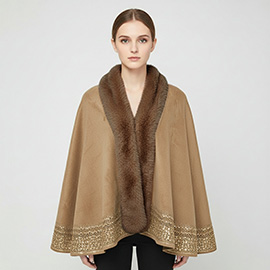 Faux Fur Trim Rhinestone Embellished Hem Poncho Shawl