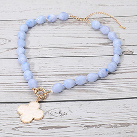 Mother of Pearl Quatrefoil Pendant Marbled Pebble Beaded Necklace