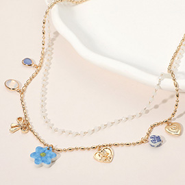 Flower Heart Charm Station Double Layered Necklace
