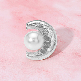 Pearl Accent Textured Metal Crescent Stretch Ring