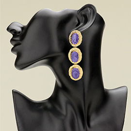 Triple Textured Frame Enamel Oval Plate Drop Earrings