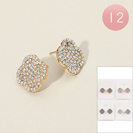 12Pairs - Stone Paved Quatrefoil Stud Earrings