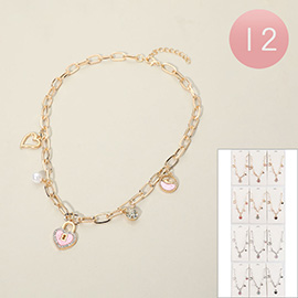 12PCS - Heart Lock Pearl Stone Charm Station Paperclip Chain Necklaces