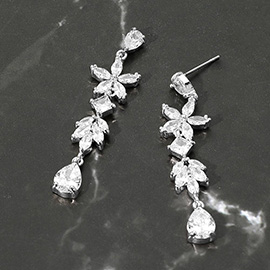 Floral Teardrop CZ Stone Cluster Link Drop Evening Earrings