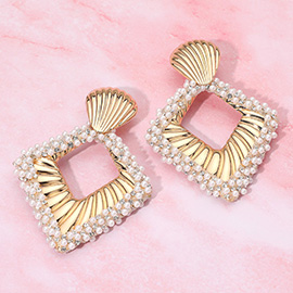 Pearl Trim Textured Metal Square Drop Statement Earrings