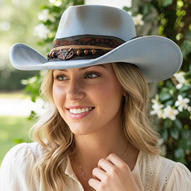 Steer Head Accent Feather Beaded Band Rustic Vintage Distressed Western Cowgirl Fedora Hat