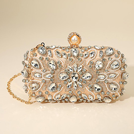 Pearl Clasp Crystal Stone Embellished Evening Crossbody Clutch Bag