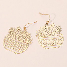 Brass Metal Botanical Planter Cutout Dangle Earrings