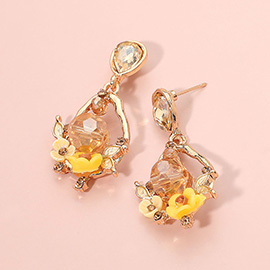 Floral Faceted Gem Embellished Teardrop Dangle Earrings