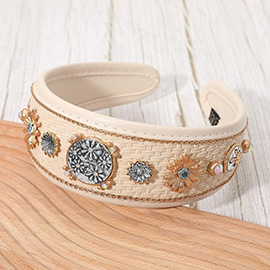 Western Floral Concho Embellished Woven Wide Headband