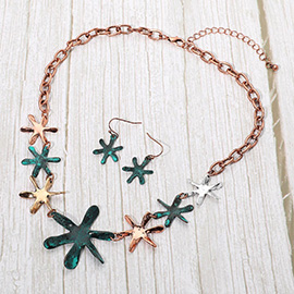 Abstract Metal Boho Flower Charm Link Necklace