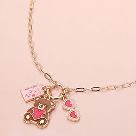 Double Heart Teddy Bear Postcard Charm Pendant Necklace