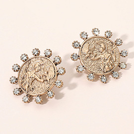 Stone Trim Metal Embossed Coin Earrings