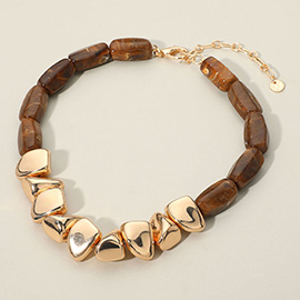 Chunky Polished Metal Marbled Resin Pebble Beaded Statement Necklace