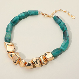 Chunky Polished Metal Marbled Resin Pebble Beaded Statement Necklace