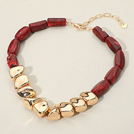 Chunky Polished Metal Marbled Resin Pebble Beaded Statement Necklace