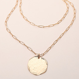 Hammered Metal Disc Charm Accent Textured Paperclip Chain Layered Necklace