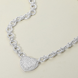 14K Gold Plated CZ Stone Paved Heart Pendant Accent Chunky Chain Link Necklace