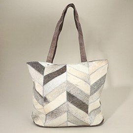 Genuine Calf Hair Chevron Pattern Shoulder Tote Bag