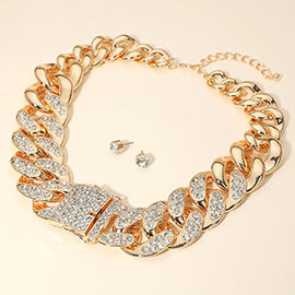 Bold Rhinestone Paved Chunky Cuban Chain Statement Necklace