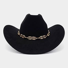 Polished Metal Chain Accent Sculpted Western Cowboy Fedora Hat