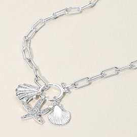 14k Gold Plated CZ Stone Paved Starfish Sea Shell Charm Pendant Industrial Chain Necklace