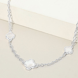 14K Gold Plated Mother of Pearl Quatrefoil Motif Station Necklace