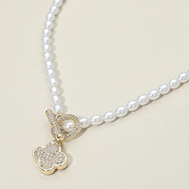14K Gold Plated CZ Stone Paved Quatrefoil Pendant Toggle Pearl Necklace