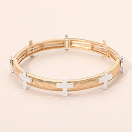 Hammered Brushed Metal Cross Accent Stretch Bracelet