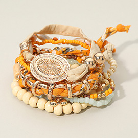 10PCS - Boho Mixed Beads Fabric Scarf Wrapped Chain Stretch Adjustable Multi Layered Bracelets