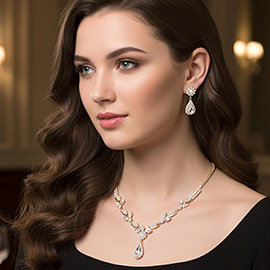 Teardrop Stone Cluster Accent Rhinestone Leaf Branch Necklace