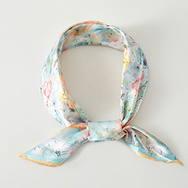 Watercolor Floral Pattern Printed Square Silky Satin Bandana Scarf