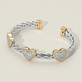 Two Tone CZ Stone Pave Triple Heart Accent Braided Cuff Bracelet