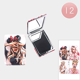 12PCS - Girl Illustration Printed Cosmetic Mirrors
