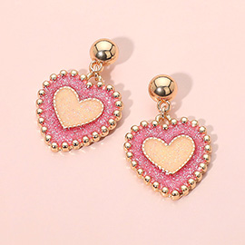 Enamel Glitter Beaded Edge Double Heart Dangle Earrings